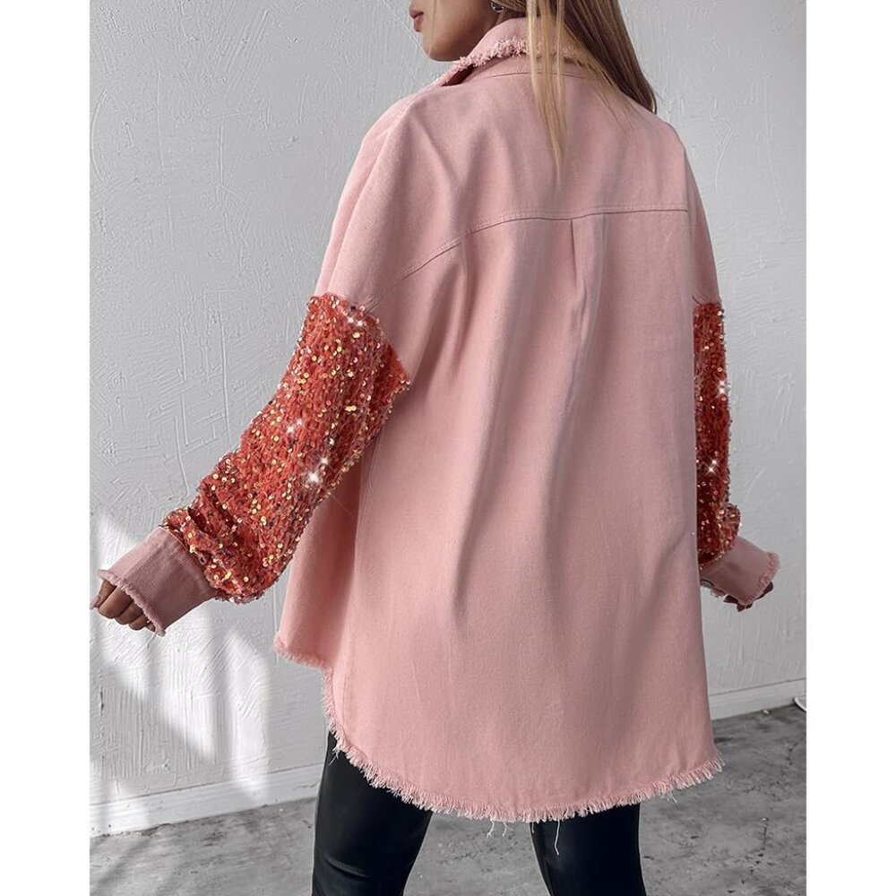 Womens Denim Jacket Sequin Patchwork Long Sleeve … - image 5